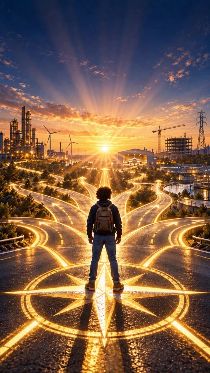 A young man at a glowing compass, facing roads toward industry at sunrise