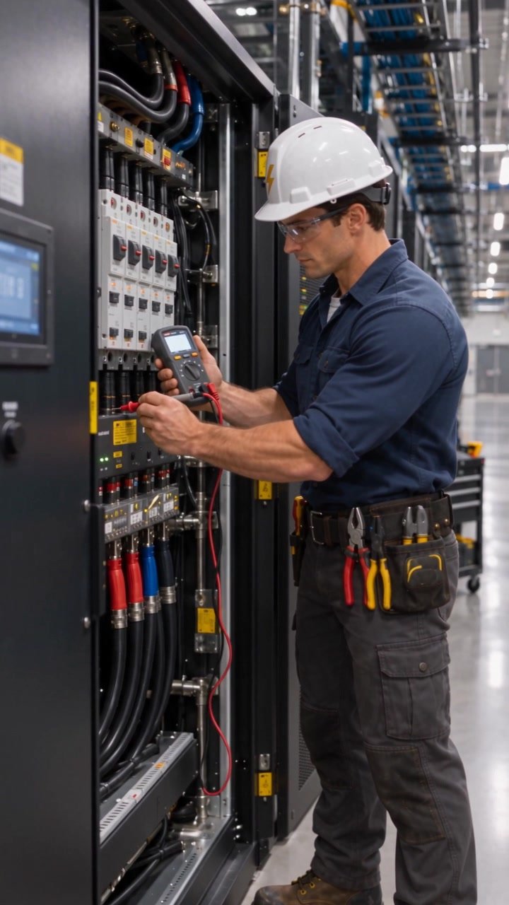 Industrial electrician inspecting an electrical cabinet with a meter