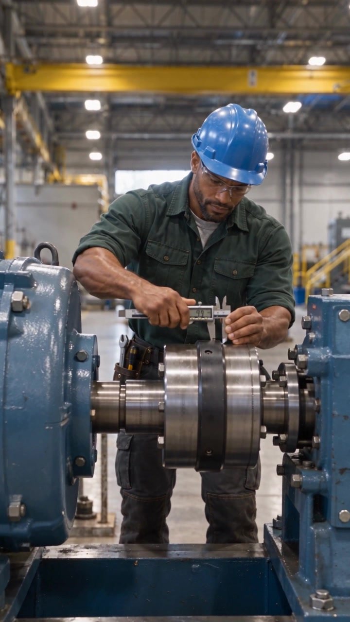 Millwright measuring an industrial shaft with a caliper
