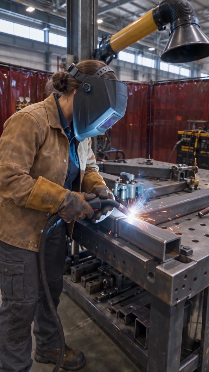Welder in protective equipment working on a metal assembly